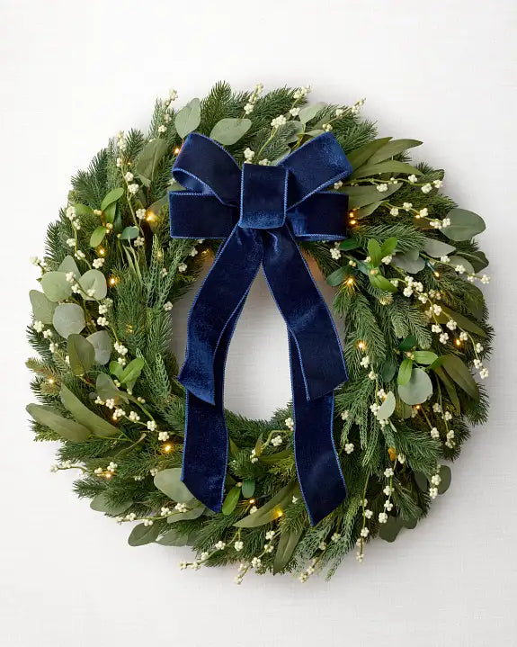 Guirlanda de Natal 90 cm com LED, Laço Azul e Folhagens Verdes