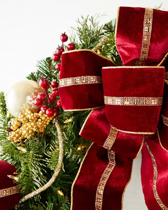 Guirlanda de Natal 90 cm com LED, Laço Vermelho, Bolas Douradas e Frutas Vermelhas