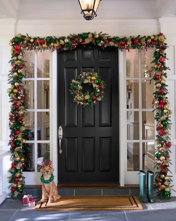 Guirlanda de Natal 90 cm com LED, Bolas Decorativas e Folhas Douradas