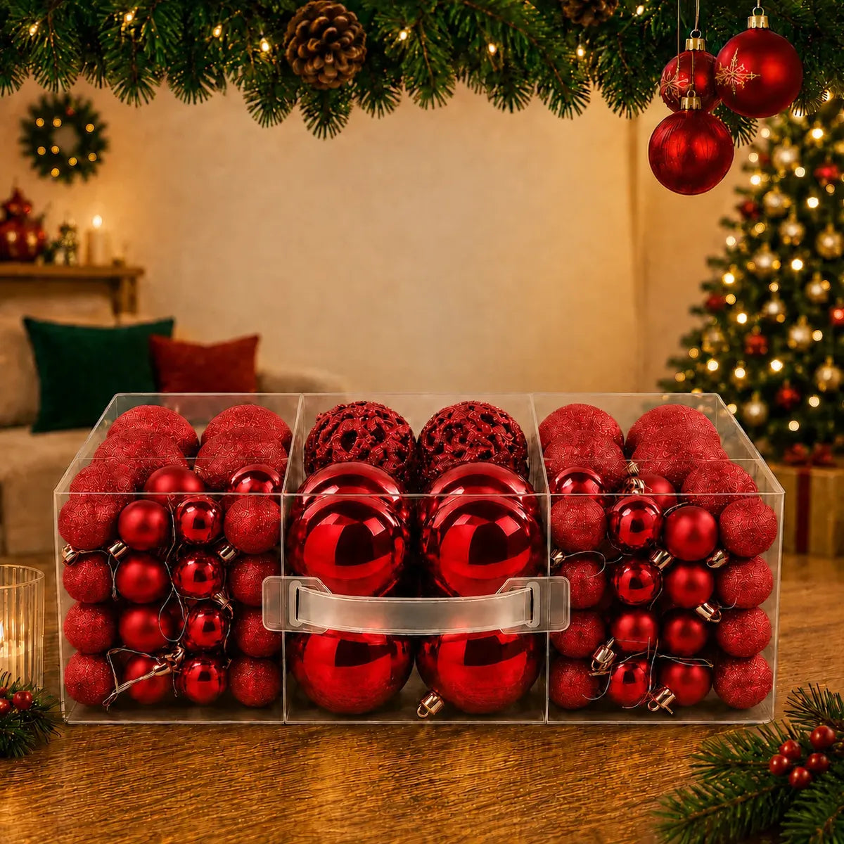 Kit 100 Bolas de Natal Vermelhas 3 cm, 4 cm e 6 cm + Ponteira Estrela + Maleta Organizadora