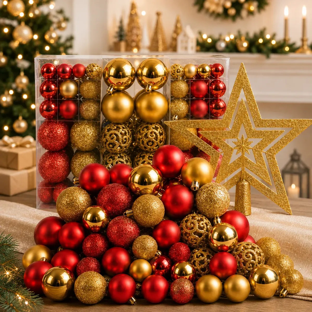 Kit 100 Bolas de Natal Vermelho e Dourado 3 cm, 4 cm e 6 cm + Ponteira Estrela Dourada