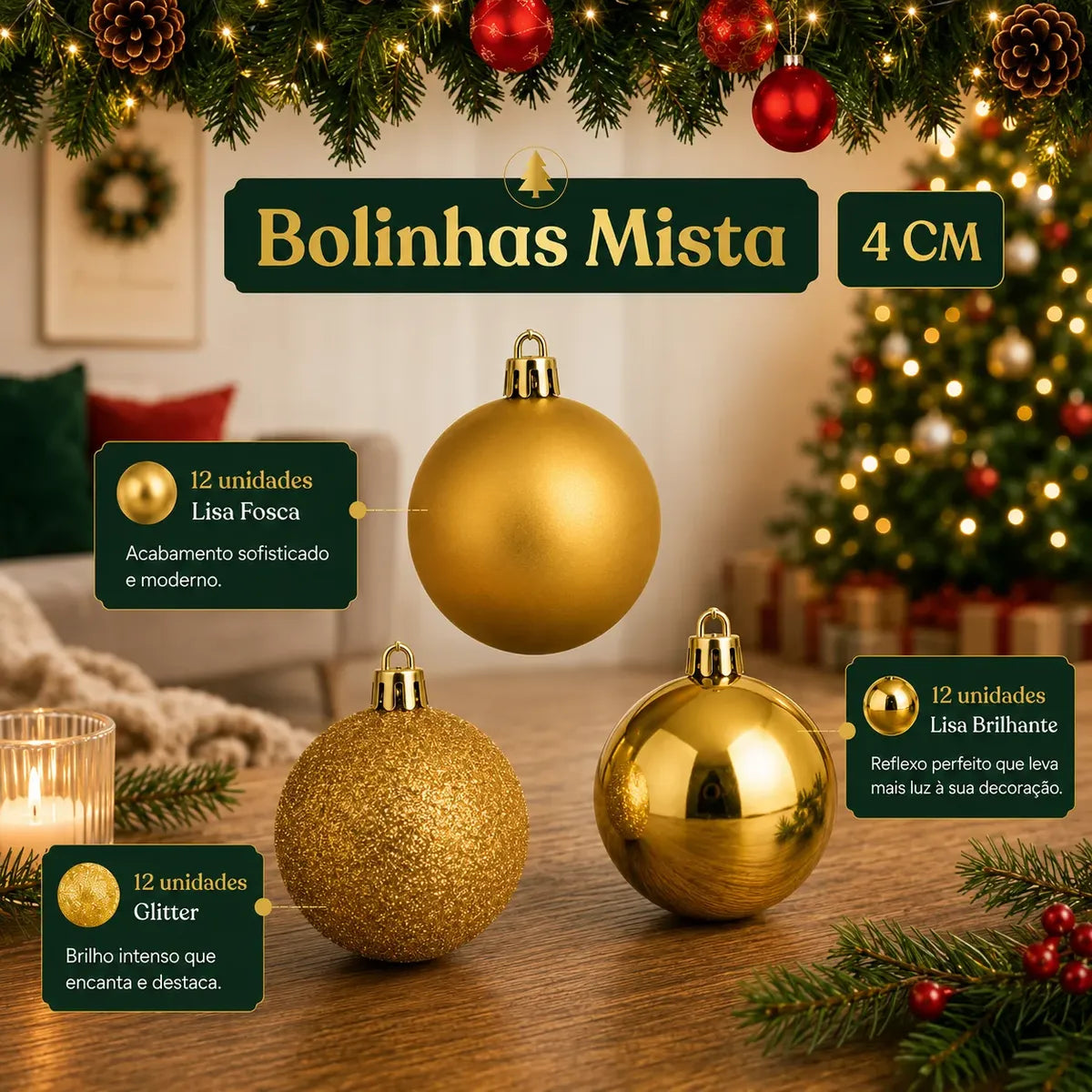 Kit 100 Bolas de Natal Douradas 3 cm, 4 cm e 6 cm + Ponteira Estrela + Maleta Organizadora