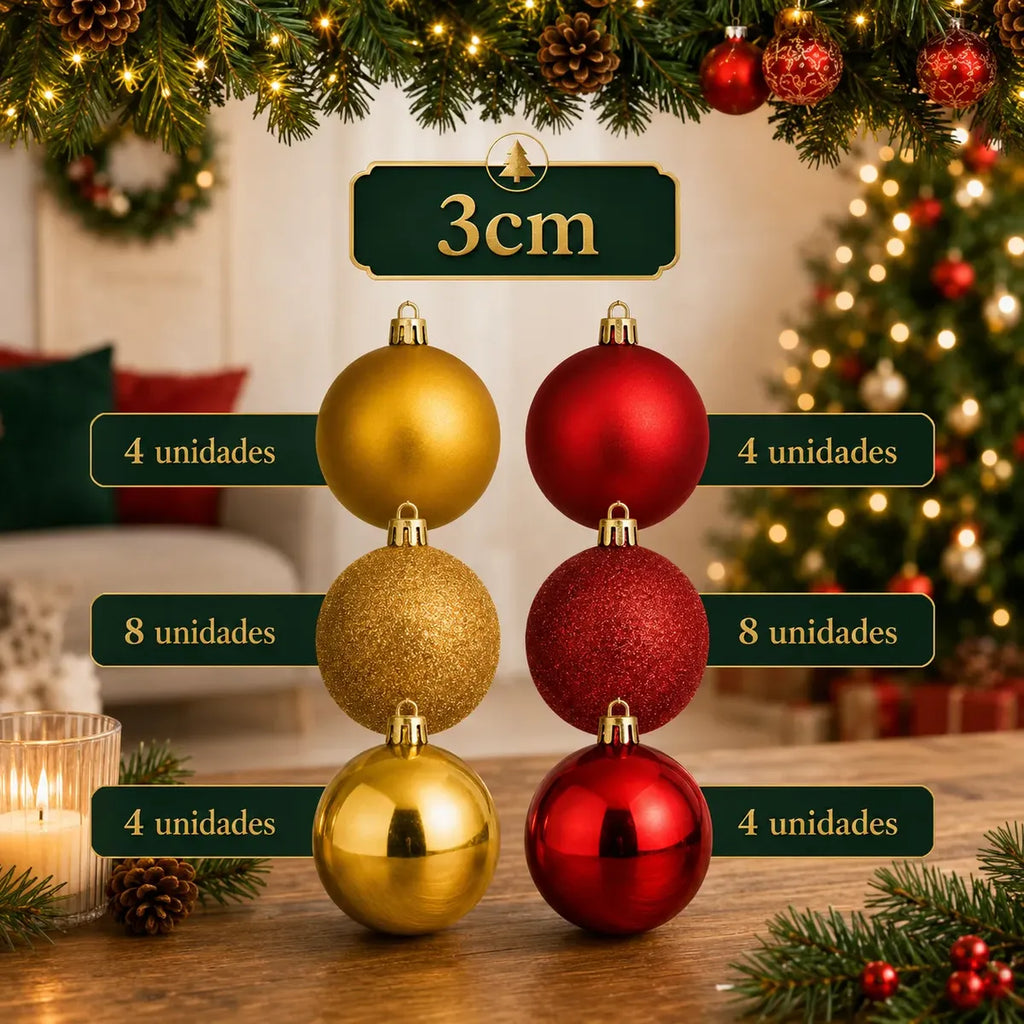 Kit 100 Bolas de Natal Vermelho e Dourado 3 cm, 4 cm e 6 cm + Ponteira Estrela Dourada