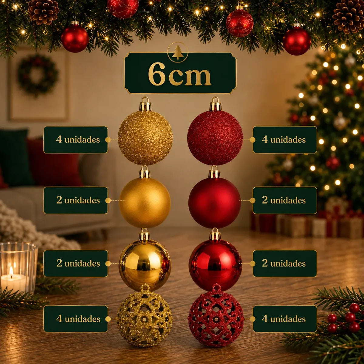 Kit 100 Bolas de Natal Vermelho e Dourado 3 cm, 4 cm e 6 cm + Ponteira Estrela Dourada