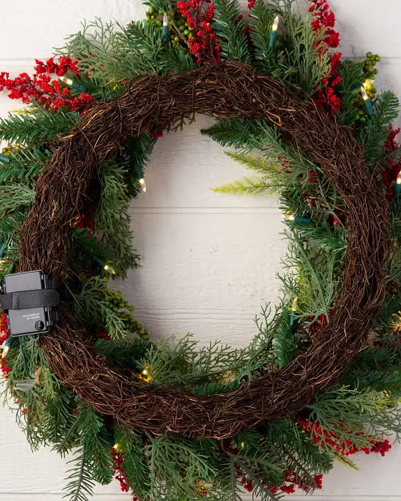 Guirlanda de Natal 90 cm com LED, Folhagens Verdes e Frutas Vermelhas
