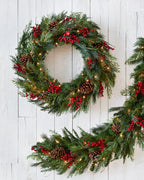 Guirlanda Pinhas e Bagas de Natal Com LED 90 cm