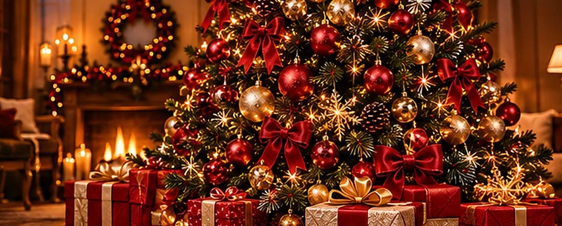 Sala decorada para o Natal com árvore iluminada, laços vermelhos, lareira e presentes