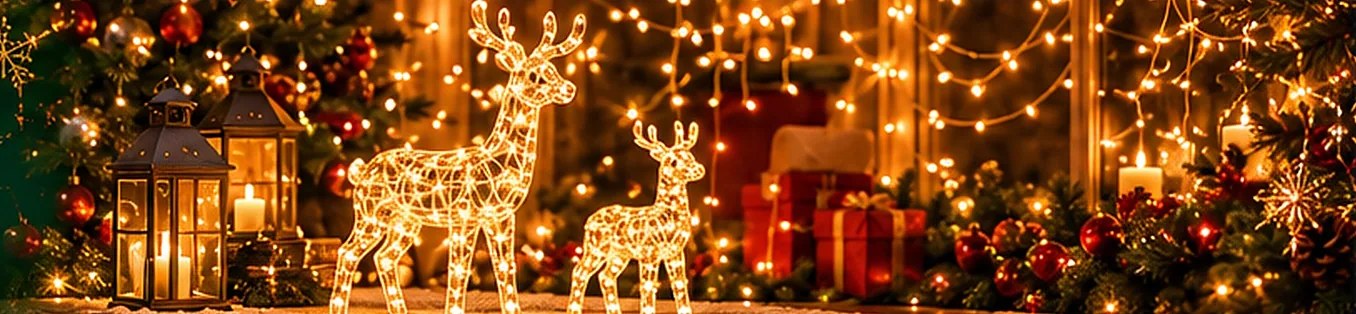 Renas iluminadas, lanternas com velas e cortinas de luzes de Natal