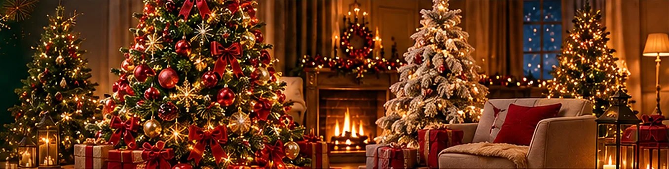 Sala com árvores de Natal decoradas, lareira acesa e presentes